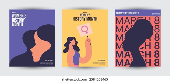 Set of 2025 Women history month w modern art poster, 8 March for cover, greeting card, banner template design with modern flat style different women