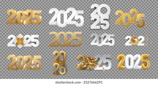 Conjunto de diseño de logotipo de 2025 años, aislado sobre fondo transparente. Números de oro y papel, feliz año nuevo 2025 diseño de logotipo.