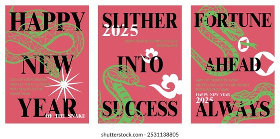 Set of 2025 Year of the Snake posters featuring snake in paper cut art style on red backgrounds, and motivational messages about success and fortune. Celebratory, modern design.