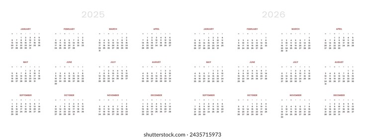 Set of 2025-2026 Annual Calendar template. Vector layout of a wall or desk simple calendar with week start Monday. Page for size A4 or 21x29.7