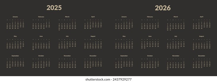 Set of 2025-2026 Annual Calendar template. Vector layout of a wall or desk simple calendar with week start Monday. Page for size A4 or 21x29.7 cm in dark color