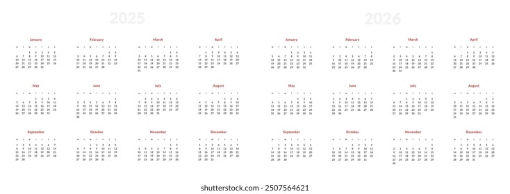 Conjunto de Plantilla de Calendario Anual 2025-2026. Diseño de Vector de un calendario simple de pared o escritorio con inicio de semana el lunes. Página para tamaño A4 o 21x29.7