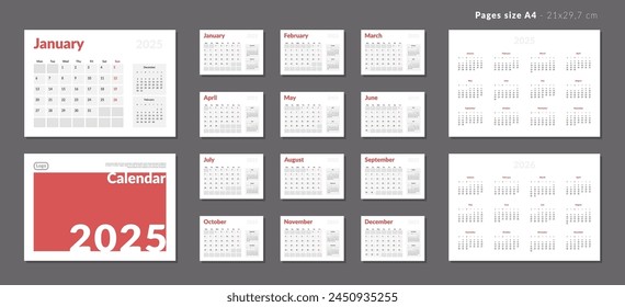 Set of 2025-2026 Calendar Planner Template with Place for Photo and Company Logo. Vector layout of a wall or desk simple calendar with week start Monday. Calendar grid in grey color for print