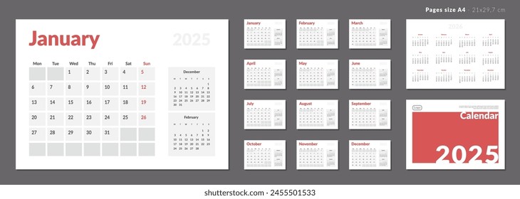 Set of 2025-2026 Calendar Planner Template with Place for Photo and Company Logo. Vector layout of a wall or desk simple calendar with week start Monday. Calendar grid in grey color for print