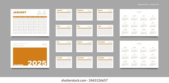 Set of 2025-2026 Calendar Planner Template with Place for Notes, Photo and Company Logo. Vector layout of a wall or desk simple calendar with week start Monday. Calendar grid in grey color for print.