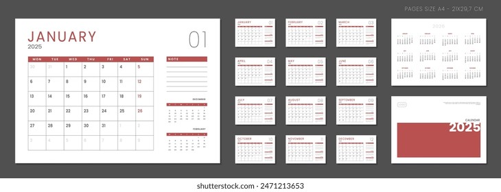 Set of 2025-2026 Calendar Planner Template with Place for Photo and Company Logo. Vector layout of a wall or desk simple calendar with week start Monday. Calendar grid in grey color for print