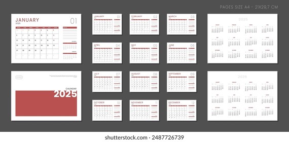 Set of 2025-2026 Calendar Planner Template with Place for Photo and Company Logo. Vector layout of a wall or desk simple calendar with week start Monday. Calendar grid in grey color for print