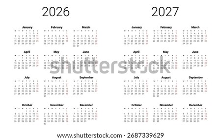 Set of 2026, 2027 calendar start from Monday. English UK Vector template. Full months for wall calendar. isolated background
