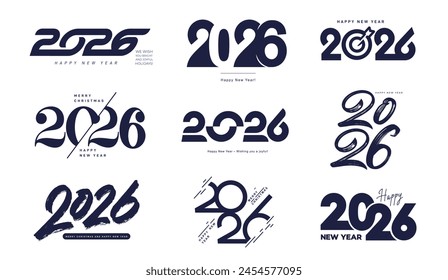 Set of 2026 black number design template. 2026 Christmas New Year logo text design. Collection of 2026 Happy New Year. Vector with black labels logo for diaries, notebooks, calendars.