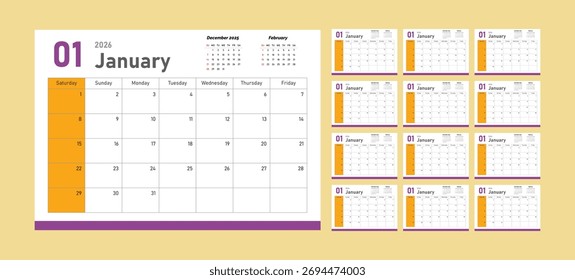 Conjunto de 2026 páginas de modelo de planejador de calendário mensal, cobrir com lugar para foto e logotipo da empresa. Layout vetorial de um calendário de parede ou mesa com início de semana na segunda-feira para impressão