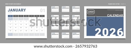 Set of 2026 Calendar Planner Template Pages Monthly, Cover with Place for Photo and Company Logo. Vector layout of a wall or desk organizer grid with week start Sunday ready print. Pages A4-21x29.7cm