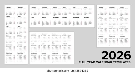 Set of 2026 full year calendar templates offering various layouts. Ideal for business planning or personal use with these 2026 calendar vector templates.
