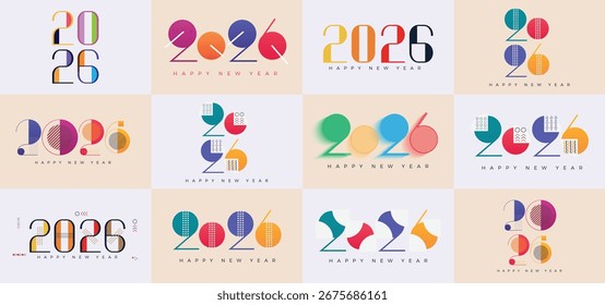 Conjunto de 2026 Feliz Año Nuevo logo diseño de texto. Plantilla de diseño de números de 2026. Colección de los símbolos de Feliz Año Nuevo 2026. Ilustración vectorial con etiquetas aisladas sobre fondo colorido