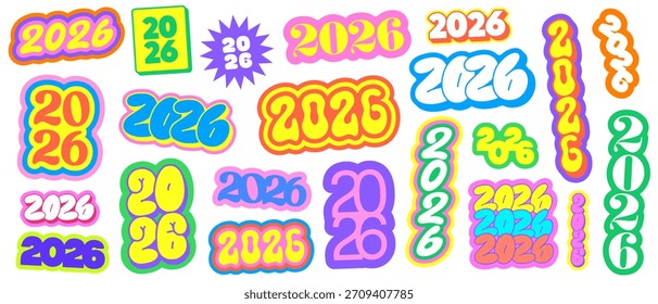 Set Of 2026 Happy New Year Stickers Vector Design.