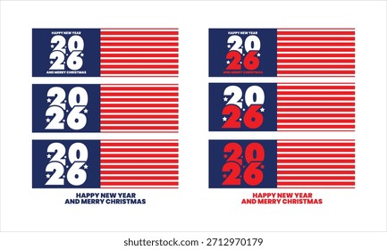 Conjunto de 2026 Vector de saludo de Festiva, bandera americana inspirada, año Nuevo y celebración de Navidad