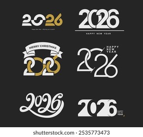 Set of 2026. Lettering Happy New Year 2026, Template design with typography logo 2026 for calendar, social media, celebration and season decoration. Minimalist vector logo. Holidays elements.