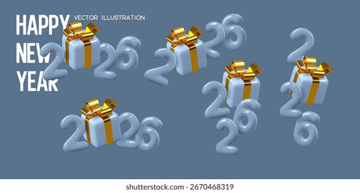 Set of 2026 New Year numbers with gift box. Blue color with gold bow. 3d elements for New Year and Christmas design. Vector illustration.