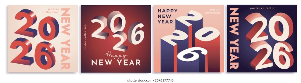 Conjunto de cartazes de Ano Novo 2026 com números em estilo 3D arrojados, tipografia moderna, sombreamento de gradiente, em fundos coloridos. Conceito de design de celebração. Ilustração vetorial