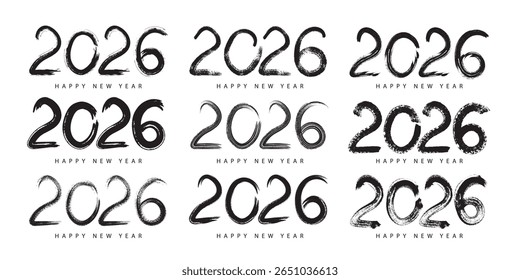 Conjunto de diseños de números de 2026 en un estilo de trazo de pincel negro. Caligrafía de tinta dibujada a mano para logotipos de año Nuevo y tarjetas de felicitación, aislados sobre fondo blanco, Ilustración vectorial.