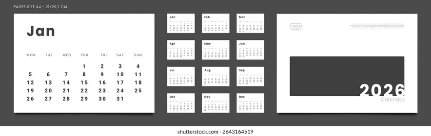 Set of 2026 Pages Monthly Calendar Planner Templates, Cover with Place for Photo, Company Logo. Vector pages for wall or desk calendar in minimal style. Page size A4 for Print. Week start on Monday
