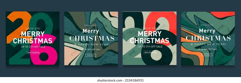 Set 2026 Year. Happy New Year and Merry Christmas. Background Number 2026, Stripe in the Green, Black, Rink, Orange Colors. Abstract Design for Social Media, Poster, Banner, Cover.