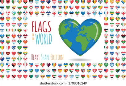 Set Of 204 Heart Shaped Flags Of All The Sovereing Countries Of The World. Icon Set Vector Illustration.