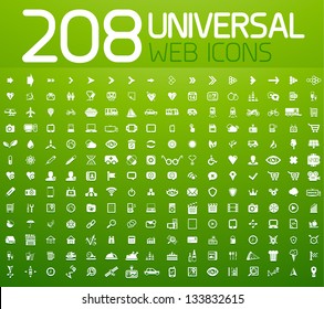 Set of 208 white vector universal icons isolated on green