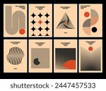 Set of 20s minimalistic geometric posters inspired postmodern of vector abstract dynamic symbols with bold geometric shapes, useful for web background, poster art design, hi-tech print, cover artwork