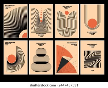 Set of 20s minimalistic geometric posters inspired postmodern of vector abstract dynamic symbols with bold geometric shapes, useful for web background, poster art design, hi-tech print, cover artwork