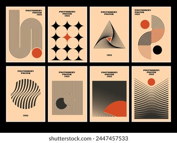 Set of 20s minimalistic geometric posters inspired postmodern of vector abstract dynamic symbols with bold geometric shapes, useful for web background, poster art design, hi-tech print, cover artwork