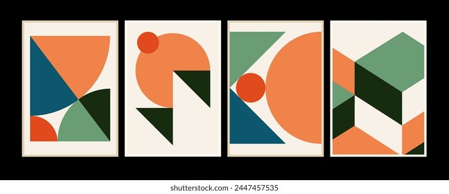 Set of 20s minimalistic geometric posters inspired postmodern of vector abstract dynamic symbols with bold geometric shapes, useful for web background, poster art design, hi-tech print, cover artwork