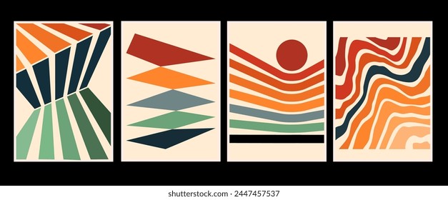 Conjunto de afiches geométricos minimalistas de los años 20 inspirados en postmodernos de Vector abstracto dinámico con Formas geométricas audaces, útiles para el fondo de Web, diseño de arte de afiche, impresión de alta tecnología, portada de arte