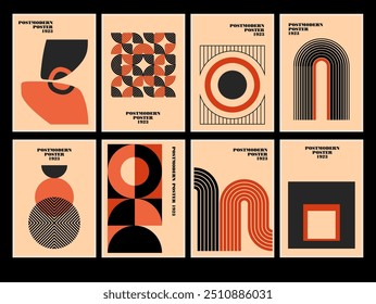 Conjunto de carteles geométricos minimalistas de los años 20 inspirados en postmodernos de Vector abstractos símbolos dinámicos con Formas geométricas audaces, útiles para el fondo de Web, diseño de arte de carteles, impresión de alta tecnología, portada