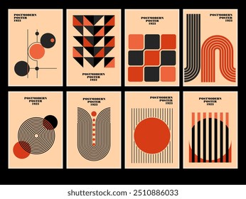 Conjunto de posters geométricos minimalistas 20s inspirado pós-moderno de vetor abstrato símbolos dinâmicos com formas geométricas negrito, útil para fundo da web, design de arte de pôster, impressão hi-tech, arte da capa