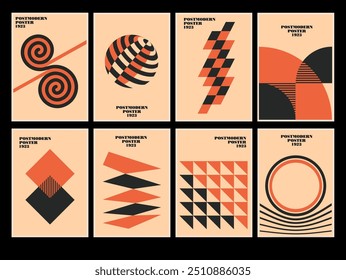 Set of 20s minimalistic geometric posters inspired postmodern of vector abstract dynamic symbols with bold geometric shapes, useful for web background, poster art design, hi-tech print, cover artwork