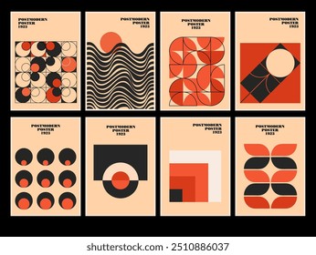 Set of 20s minimalistic geometric posters inspired postmodern of vector abstract dynamic symbols with bold geometric shapes, useful for web background, poster art design, hi-tech print, cover artwork