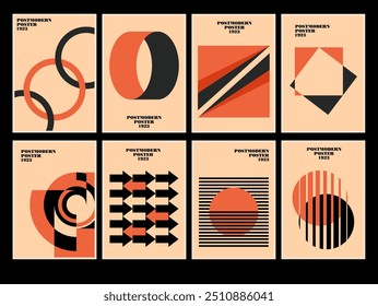 Conjunto de posters geométricos minimalistas 20s inspirado pós-moderno de vetor abstrato símbolos dinâmicos com formas geométricas negrito, útil para fundo da web, design de arte de pôster, impressão hi-tech, arte da capa