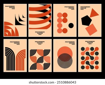 Conjunto de carteles geométricos minimalistas de los años 20 inspirados en postmodernos de Vector abstractos símbolos dinámicos con Formas geométricas audaces, útiles para el fondo de Web, diseño de arte de carteles, impresión de alta tecnología, portada