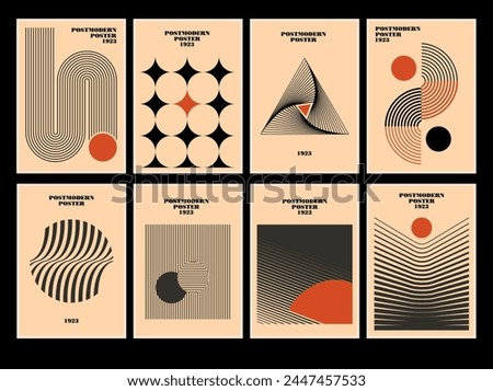 Set of 20s minimalistic geometric posters inspired postmodern of vector abstract dynamic symbols with bold geometric shapes, useful for web background, poster art design, hi-tech print, cover artwork