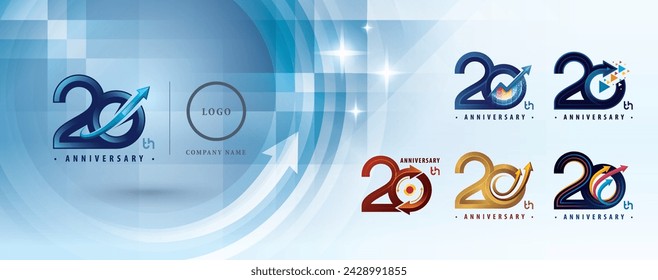 Set of 20th Anniversary logo design, Twenty years Anniversary Logo multiple line for celebration event, Abstract Logo 20 Circle Arrow, Graph Growth to Success Concept, Upward Curved Arrow Right to Top