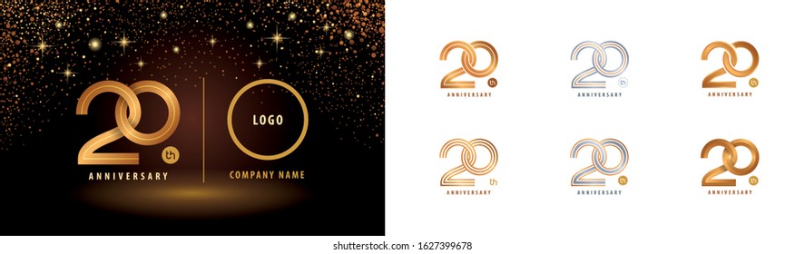 Set of 20th Anniversary logotype design, Fifty years Celebrating Anniversary Logo silver and golden for celebration event, invitation, greeting, Infinity loop, Abstract circle weave, unite, harmony.