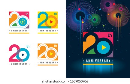 Set of 20th Anniversary logotype design, Twenty years Celebrating Anniversary Sign, Colorful Logo for celebration event, invitation, greeting, web template, Flyer and booklet, Play symbol, Colors logo