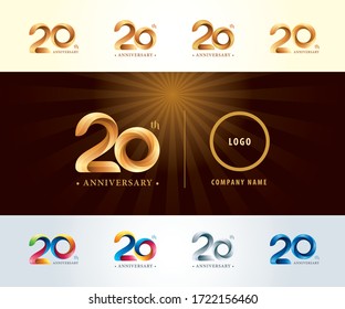 Set of 20th Anniversary logotype design, Twenty years celebration Anniversary Logo silver and golden, Origami stylized Number Letters, Twist Ribbons Logo for event, invitation, greeting, Party,Fashion