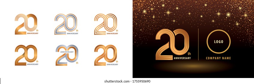 Set of 20th Anniversary logotype design, Twenty years anniversary celebration. Infinity Logo silver and golden for celebration event, invitation, greeting, web template, flyer and booklet