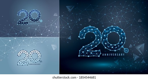 Set of 20th Anniversary logotype design, Twenty years Celebrating Anniversary Logo for celebration event. Technology Network Connecting Dot Polygon Geometric, Abstract Connect Dots Tech Number logo