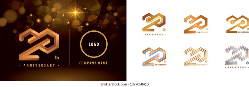 Set of 20th Anniversary logotype design, Twenty years anniversary celebration. Hexagon Infinity logo, 20 Years Celebrating Anniversary Logo silver and golden for celebration event, invitation.