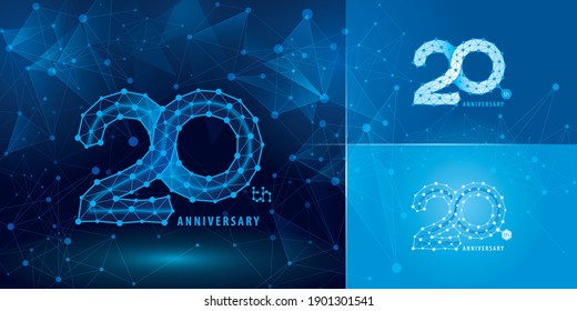 Set of 20th Anniversary logotype design, Twenty years Celebrating Anniversary Logo for celebration event. Network Connecting Dot Polygon Geometric, Abstract Connected Dots Tech Number, infinity logo