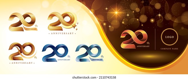 Set of 20th Anniversary logotype design, Twenty years anniversary celebration Logo. Twist Infinity multiple line golden for celebration event, invitation, greeting, 20 year Infinity loop logo