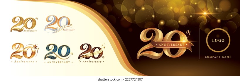 Juego de 20º Aniversario de diseño de logotipo, Celebración del 20º Aniversario Logo, Dorado Luxury y Retro Serif Número 20 Cartas, Elegante Logo Clásico para la celebración de la Felicitación, saludo