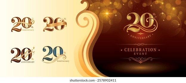 Set of 20th Anniversary logotype design, Twenty years Anniversary Logo, Elegant Classic Logo, Luxury Vintage and retro Serif Number 20, Celebrating Anniversary Logo for Congratulation event invitation